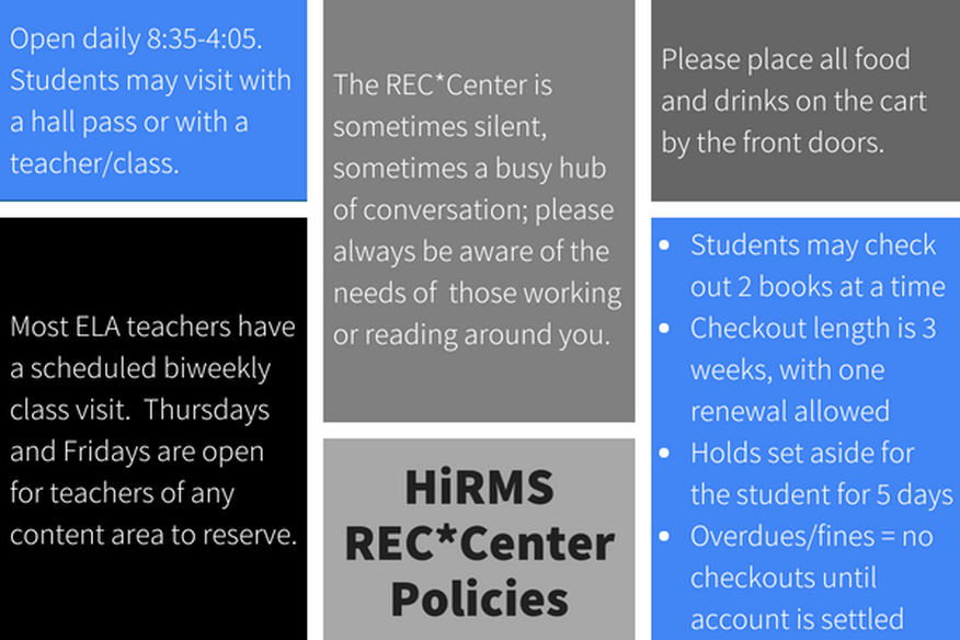 Linked to readable text document, colorblock image with text: HiRMS REC*Center Policies